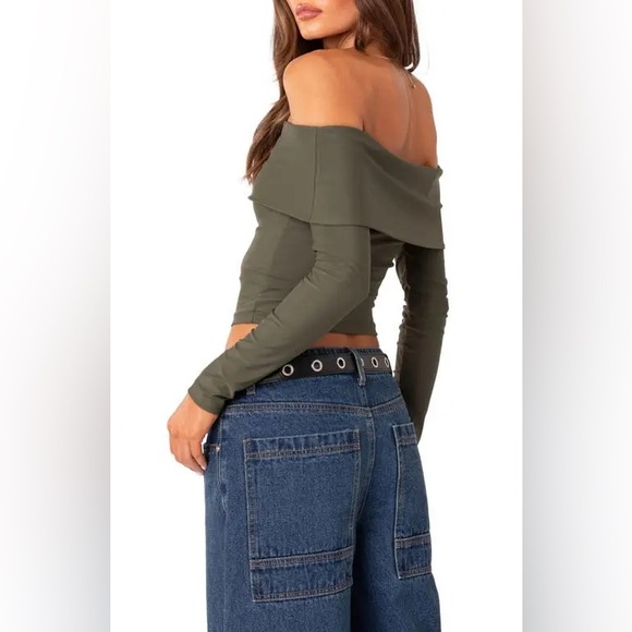 Edikted Off-Shoulder Olive Green Women's Top - Picture 4 of 11